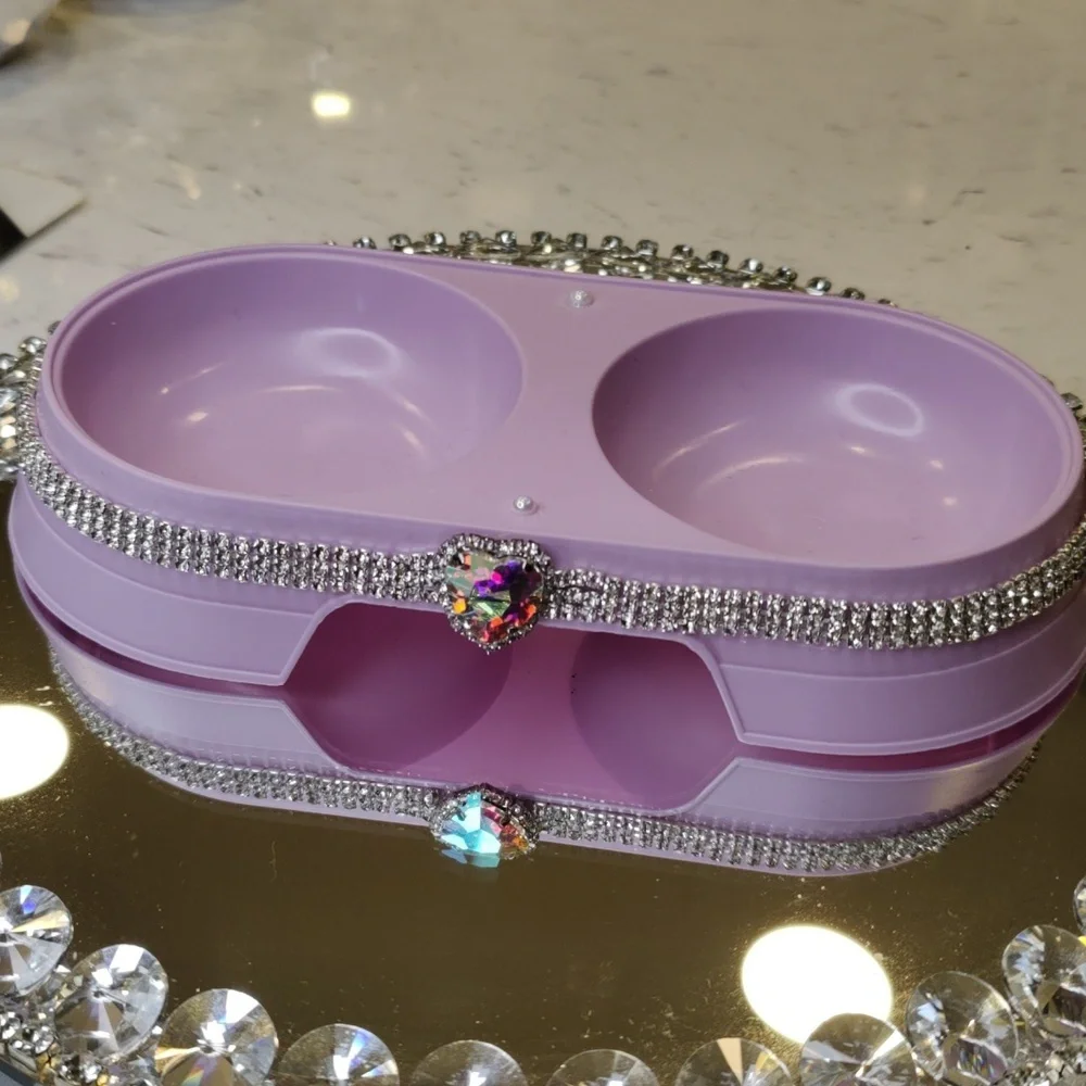 Purple rhinestone Heart pet bowl